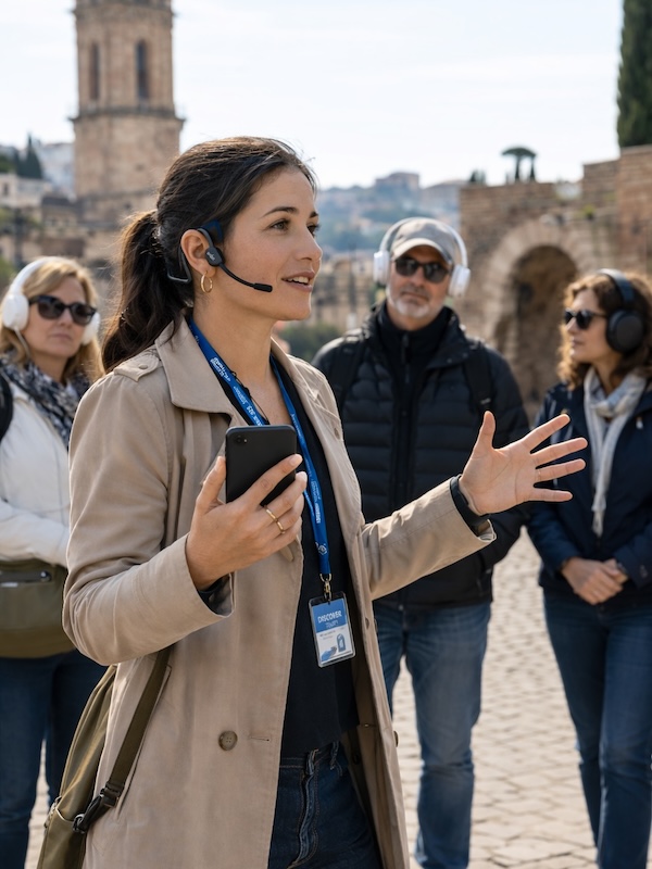 Tour guide wearing Shokz OpenComm2 headset